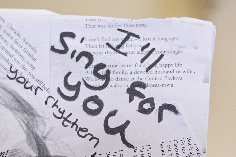 corner of artwork with text saying i'll sing for you