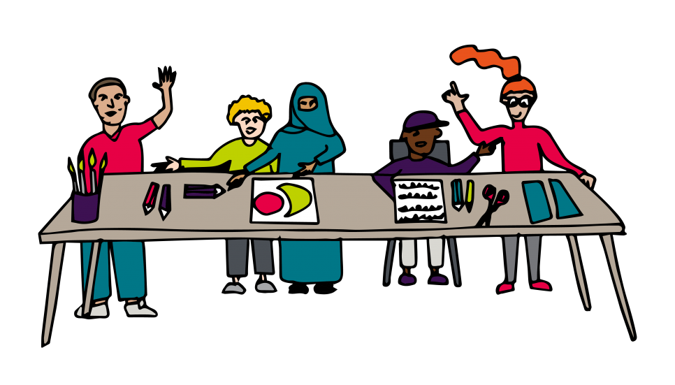 illustration of table with people around doing workshop