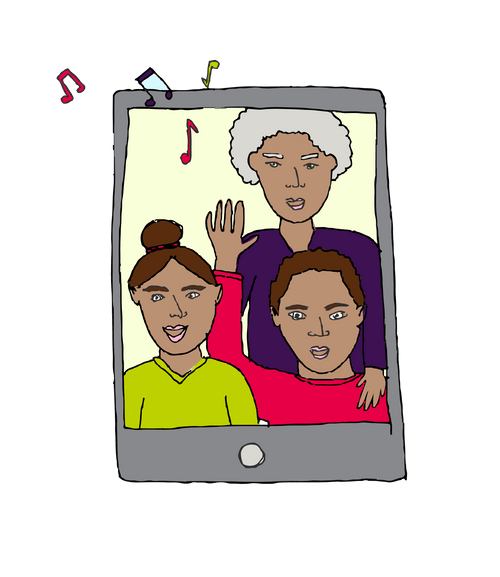 Three animated characters sing in a virtual session on a mobile phone. Music notes drift off the image.